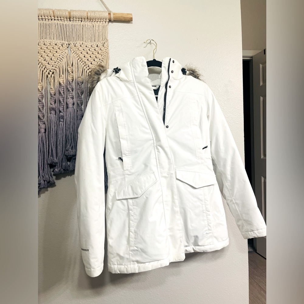 Eddie Bauer-White Winter Jacket w/ Faux Fur Hood-Size: X-Small